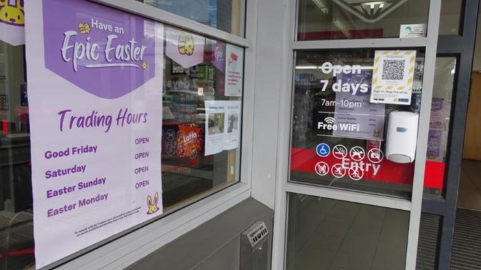Easter trading hours are advertised at a New World supermarket in Wānaka. Photo / ODT