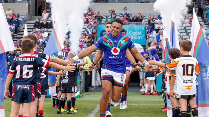 David Fusitu'a runs out onto Central Coast Stadium before an NRL game against the Newcastle Knights. Photosport