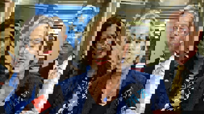 National Party leader Judith Collins with housing spokeswoman Nicola Wills, left, and Infrastructure spokesman Andrew Bayly. Photo / Mark Mitchell