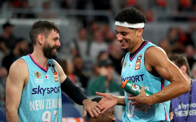 Jarrad Weeks (left) and Tai Webster of the Breakers celebrate during a game against the Adelaide 36ers. Photo / Getty Images