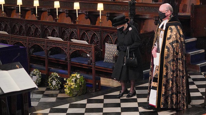 The Queen and the Archbishop of Canterbury at Prince Philip's funeral. (Photo / AP)