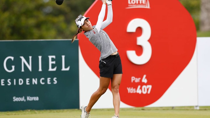 Lydia Ko, of New Zealand, drives off the third tee during the final round of the Lotte Championship. Photo / AP