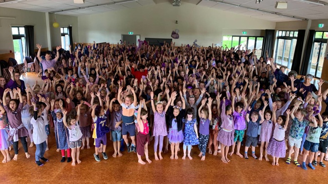 Students celebrate Purple Day in memory of Julie Ann Hamilton, a Westmere School assistant principal who passed away on April 13 following complications in surgery. Photo / Supplied