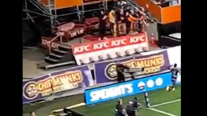 The barrier collapsed at the Highlander's rugby game against the Blues on Friday. (Photo / Supplied)