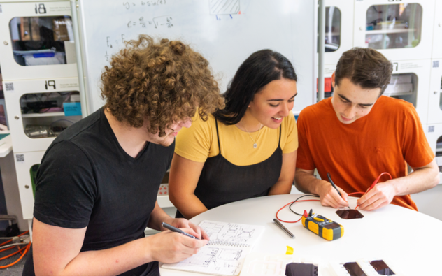 Astrix co-founders Max Daniels, Fia Jones and Willam Hunter (far right), testing space qualified space cells. Photo: Supplied / Astrix