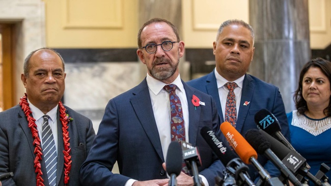 Health Minister Andrew Little, flanked by Associate Health Ministers, from left, Aupito William Sio, Peeni Henare and Dr Ayesha Verrall. (Photo / NZ Herald)