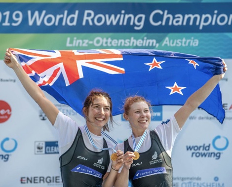 Zoë McBride and Jackie Kiddle in happier times after claiming gold at the 2019 World Rowing Championships. (Photo / Photosport)