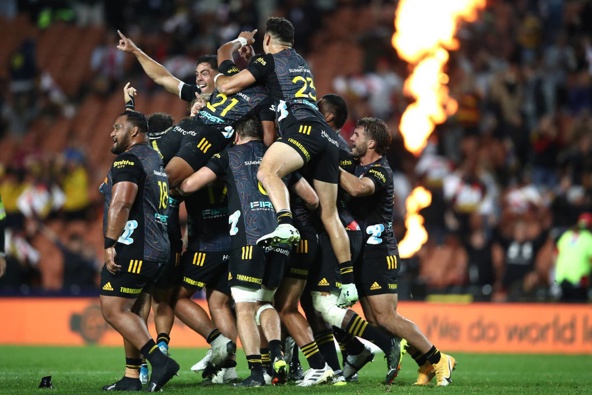 The Chiefs celebrate Damian McKenzie's game-winning penalty. Photo / Getty