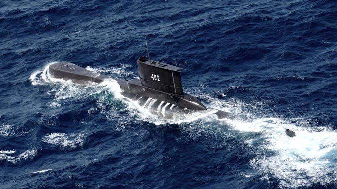 Indonesian Navy submarine KRI Nanggala in the waters off Tuban, East Java, Indonesia, in this aerial photo taken in October, 2014. The KRI Nanggala sunk off Bali, killing all 53 onboard. Photo / AP