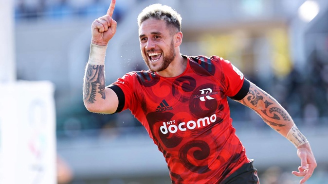 TJ Perenara celebrates a try for the NTT DOCOMO Red Hurricanes. (Photo / SportsPress)