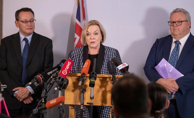 National Party leader Judith Collins with current deputy Shane Reti and former deputy Gerry Brownlee. (Photo / NZ Herald)