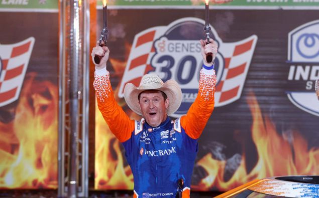 Scott Dixon celebrates in victory lane after winning the NTT IndyCar Series Genesys 300 at Texas Motor Speedway. Photo / Getty
