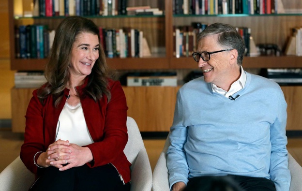 Bill and Melinda Gates smile at each other during an interview in 2019. Photo / AP