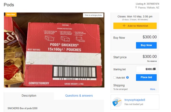 One listing is selling a box of 15 packets of Pods for $300 buy now on Trade Me. (Photo / Supplied)
