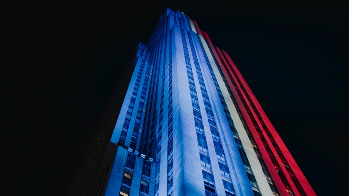 Rockefeller Center lit up red, white, and blue in New York, US, on Tuesday, Nov. 5, 2024. Photo / Mark Abramson/Bloomberg via Getty Images