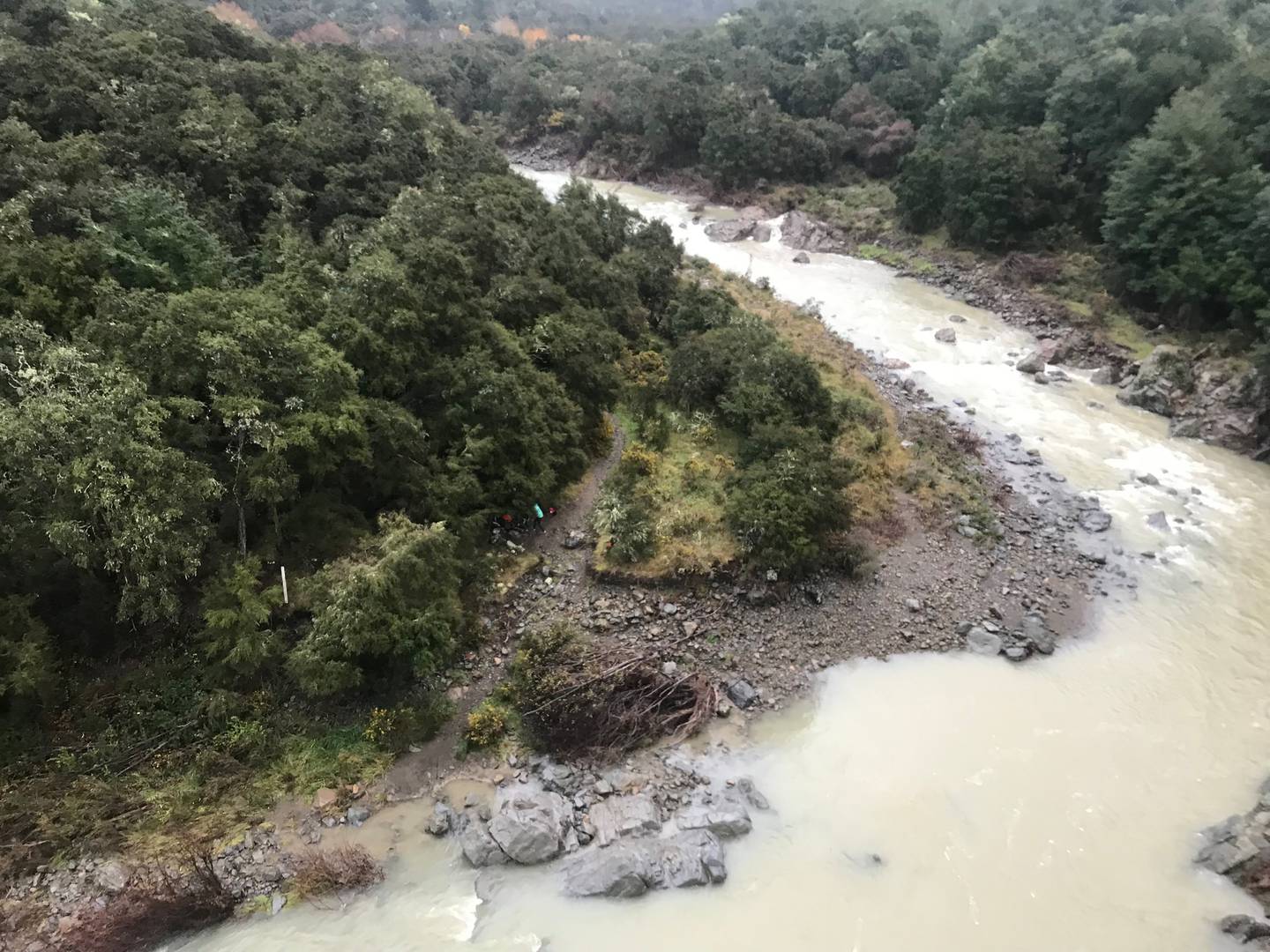 The Ashley River in Lees Valley where two people and two dogs have been winched to safety. Photo / Supplied