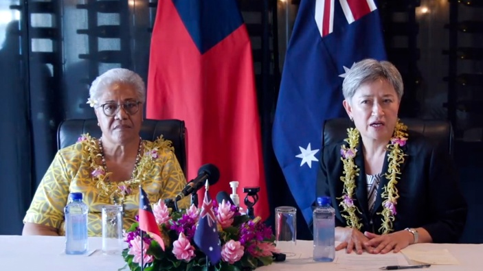 In this photo taken from video supplied by the Australian Department of Foreign Affairs, Australian Foreign Minister Penny Wong, right, holds a joint press conference with Samoan Prime Minister Fiame Naomi Mata’afa in Apia, Samoa, Thursday, June 2, 2022. (Photo / AP)