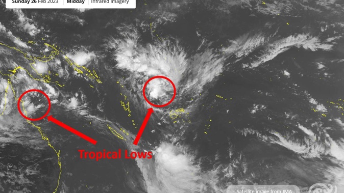 Meteorologists say a pair of tropical cyclones may form in the South Pacific next week, with a potential risk of more rain and swells for eastern parts of New Zealand. Image / MetService
