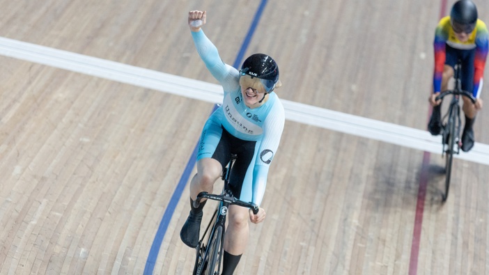  Ellesse Andrews of New Zealand celebrates winning the Women's Sprint Final during the UCI Track Champions League Round 5 at Lee Valley Velopark Velodrome on November 11, 2023 in London, England. Photo / Getty
