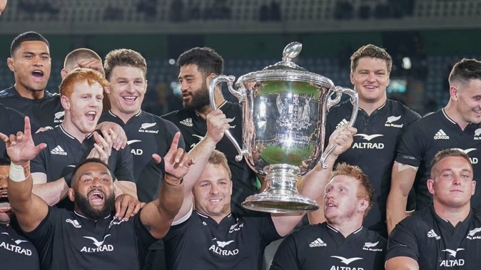 Sam Cane and his All Blacks teammates celebrate after winning the Bledisloe Cup. Photo / Photosport