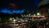 : A general view as fans of Arsenal celebrate as Arsenal are confirmed as Premier League champions following Manchester City's 1-1 draw against AFC Bournemouth, as they gather outside the Emirates Stadium, on May 19, 2026 in London, England. (Photo by Julian Finney/Getty Images)