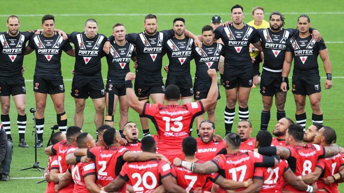 Tonga perform the Sipi Tao before their 2017 Rugby League World Cup upset victory over the Kiwis. (Photo / Photosport)