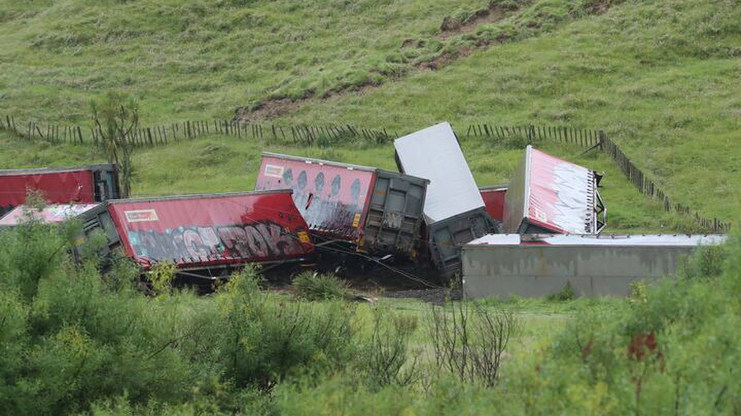 Seventeen of the train’s 37 wagons and the locomotive derailed. Photo / Bevan Conley