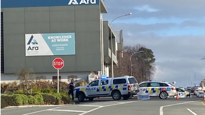 Police cars can be seen in the vicinity of the Ara Institute of Canterbury, Timaru campus. Photo / ODT