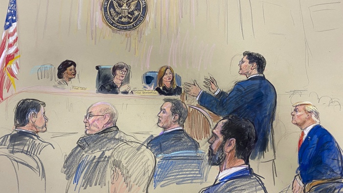 This artist sketch depicts former President Donald Trump, seated right, listening as his attorney D. John Sauer, standing, speaks before the D.C. Circuit Court of Appeals at the federal courthouse, Tuesday, Jan. 9, 2024 in Washington. Photo / Dana Verkouteren via AP