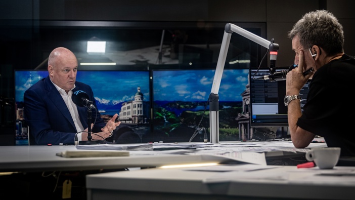 Prime Minister Christopher Luxon in studio with Newstalk ZB's Mike Hosking. Photo / Michael Craig