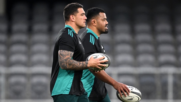 Codie Taylor and Samisoni Taukei'aho look on during a New Zealand All Blacks captains run at Forsyth Barr Stadium on July 04, 2025 in Dunedin, New Zealand. (Photo by Joe Allison/Getty Images)
