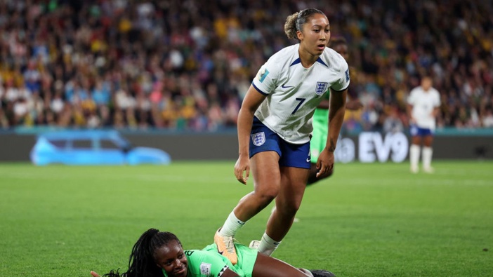 Lauren James stamps on Michelle Alozie of Nigeria which later leads to a red card. Photo / Getty