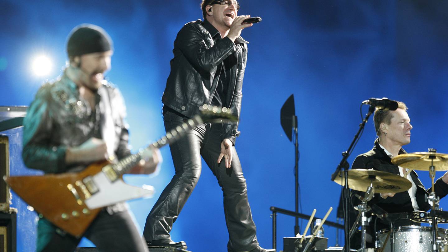 U2 - performing during the 360 degree Tour at Mt Smart Stadium in 2010 - wrote One Tree Hill to honour Greg Carroll. Photo / Steven McNicholl