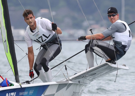 Blair Tuke (L) and Peter Burling of Team New Zealand compete in the Men's Skiff 49er on Friday. Photo / Getty