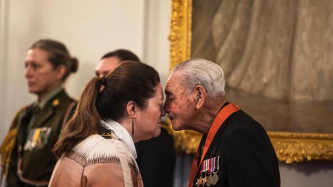 Sir Robert Gillies with Governor-General Dame Cindy Kiro. (Photo / RNZ / Samuel Rillstone)