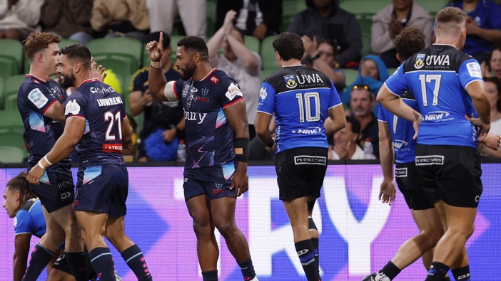 Filipo Daugunu of the Rebels celebrates a try during the round two Super Rugby Pacific match between Melbourne Rebels and Western Force. Photo / Getty