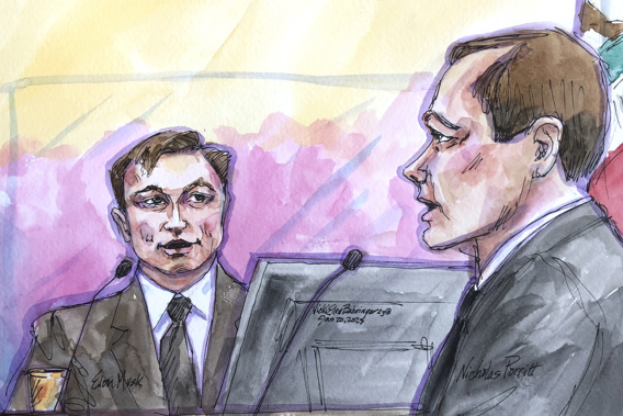 In this courtroom sketch, Elon Musk, left, with shareholder attorney Nicholas Porritt, appears in federal court in San Francisco, Friday, Jan. 20, 2023. Musk took the witness stand to defend a 2018 tweet claiming he had lined up the financing to take Tesla private in a deal that never came close to happening. The tweet resulted in a $40 million settlement with securities regulators. It also led to a class-action lawsuit alleging he misled investors, pulling him into court Friday. Photo / AP
