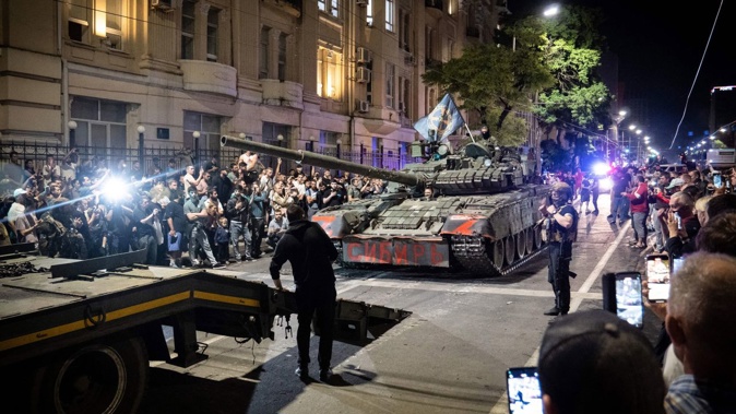 Wagner Group fighters prepare to depart Rostov-on-Don, Russia, as crowds cheer on June 24, 2023. Roman Romokhov/AFP/Getty Images