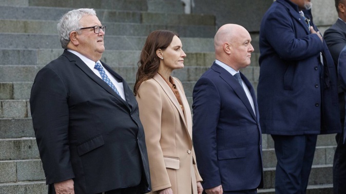 Prime Minister Christopher Luxon, his wife Amanda and Speaker Gerry Brownlee during the Ceremony of Welcome for Solomon Islands Prime Minister Jeremiah at Parliament. Photo / Mark Mitchell