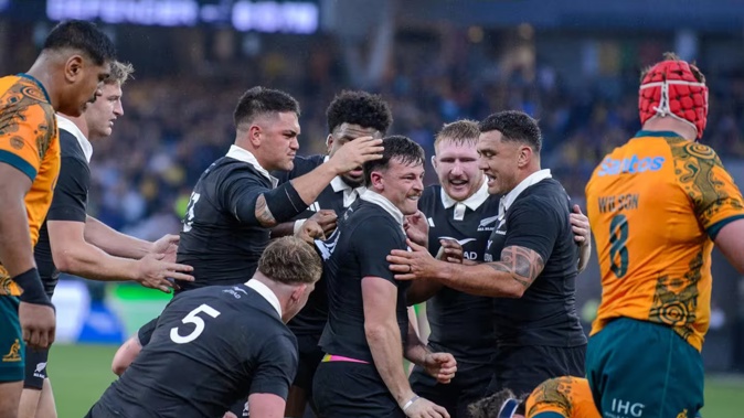 All Blacks wing Leroy Carter celebrates after scoring the opening try against the Wallabies at Optus Stadium in Perth. Photo / SmartFrame