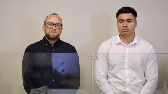 Sentencing for police officers Andrew Gwilliam, 40 (left), and Matthew James, 29, in Auckland District Court on January 31, 2025, who were charged with assault after an incident following a ram raid and a police chase in January 2022. Photo / Michael Craig