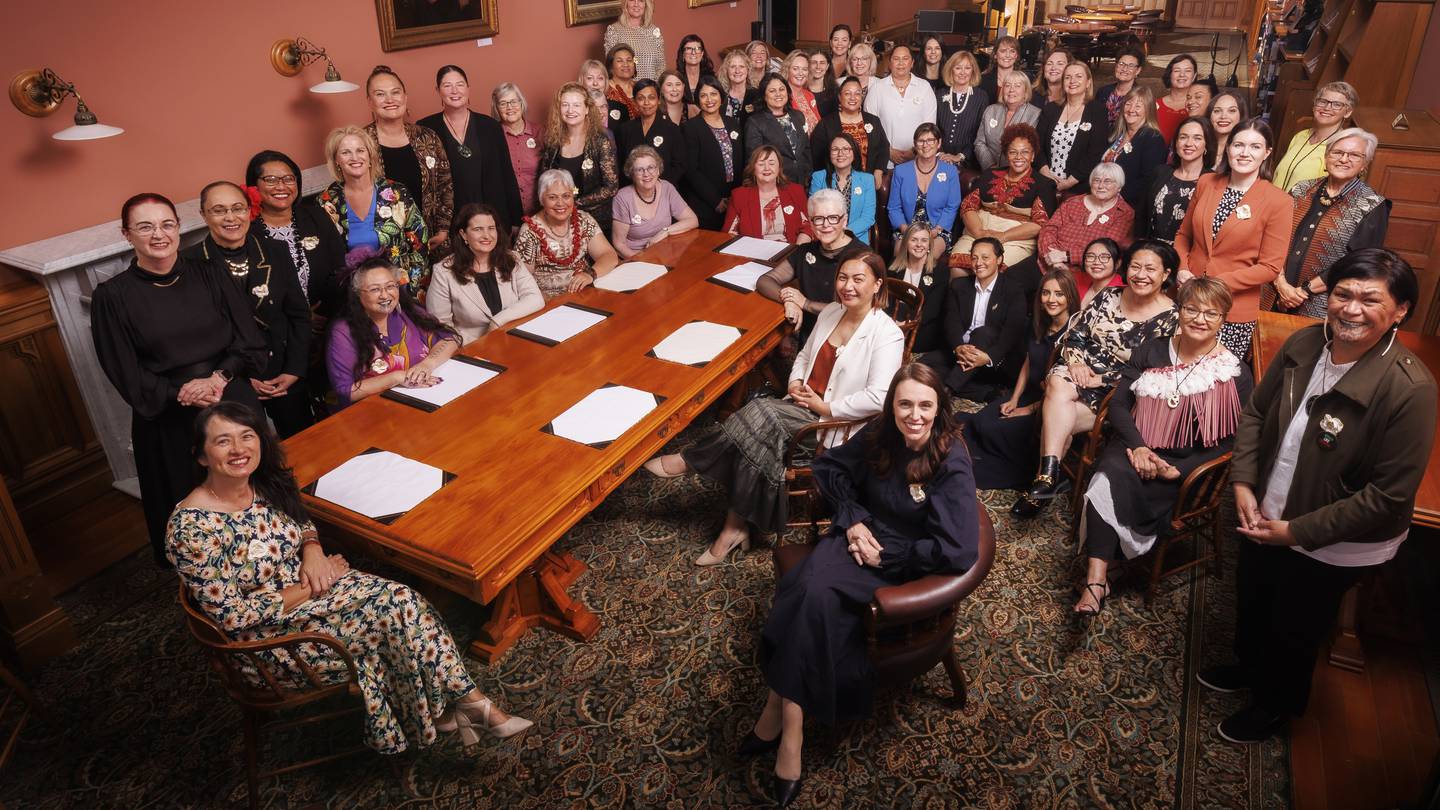 Current and past women MPs gathered at Parliament to mark New Zealand having more than 50 per cent female MPs for the first time. Photo / Pool