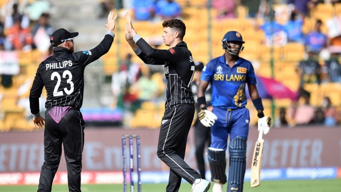 Mitchell Santner celebrates the wicket of Sri Lanka's Angelo Mathews. Photo / Photosport