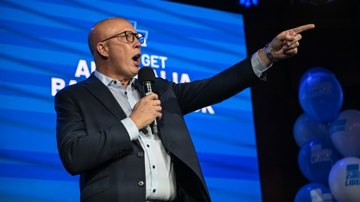 Opposition Leader Peter Dutton speaks during a rally in the seat of Sturt on May 01, 2025 in Adelaide, Australia. Australia will hold a federal election on May 3. (Photo by Dan Peled/Getty Images)