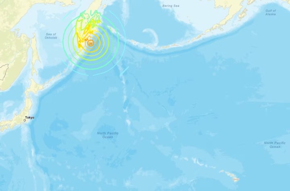 This image shows the epicentre of an 8.8 earthquake that hit off Russia's far east yesterday, sparking tsunami warnings across multiple countries. Photo / US Geological Survey