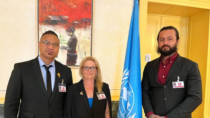 Moses Folau, deportee advocate Filipa Payne and podcaster David Obeda at the United Nations in Geneva. Photo / Supplied
