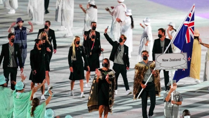 The New Zealand Olympic team make their entrance during the Tokyo Olympics opening ceremony. Photo / Photosport