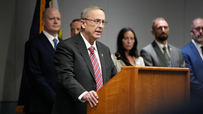 Utah County Attorney Jeffrey Gray announces formal charges brought against Tyler Robinson, the alleged shooter of political activist Charlie Kirk, at the Utah County Health and Justice building on September 16, 2025 in Provo, Utah. (Photo by Francisco Kjolseth/The Salt Lake Tribune via Getty Images)