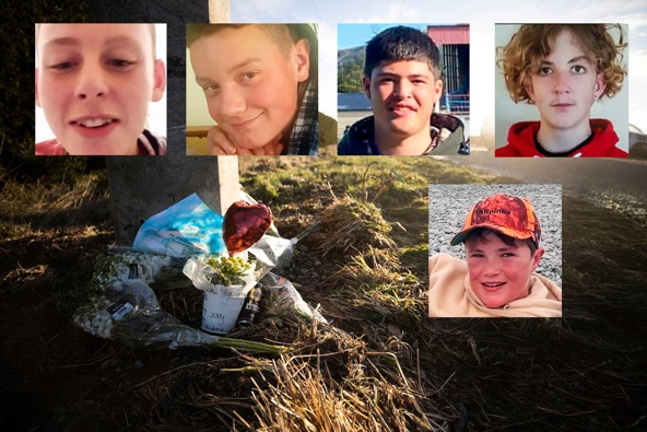 The Lost Boys: Joseff McCarthy, Jack Wallace, Niko Hill, Javarney Drummond, and Andrew Goodger were all killed in a crash outside Timaru. Photo / Supplied