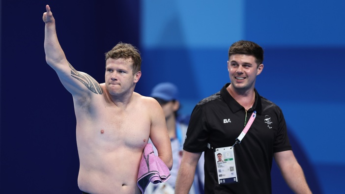 Cameron Leslie of Team New Zealand reacts after competing during the Para Swimming Men's 50m Backstroke S4 Final on day ten of the Paris 2024 Summer Paralympic Games at Paris La Defense Arena on September 07, 2024 in Nanterre, France. (Photo by Fiona Goodall/Getty Images for PNZ)